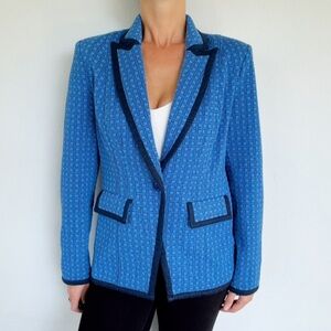 CAbi bright blue plaid knit single button flap pocket blazer jacket size small